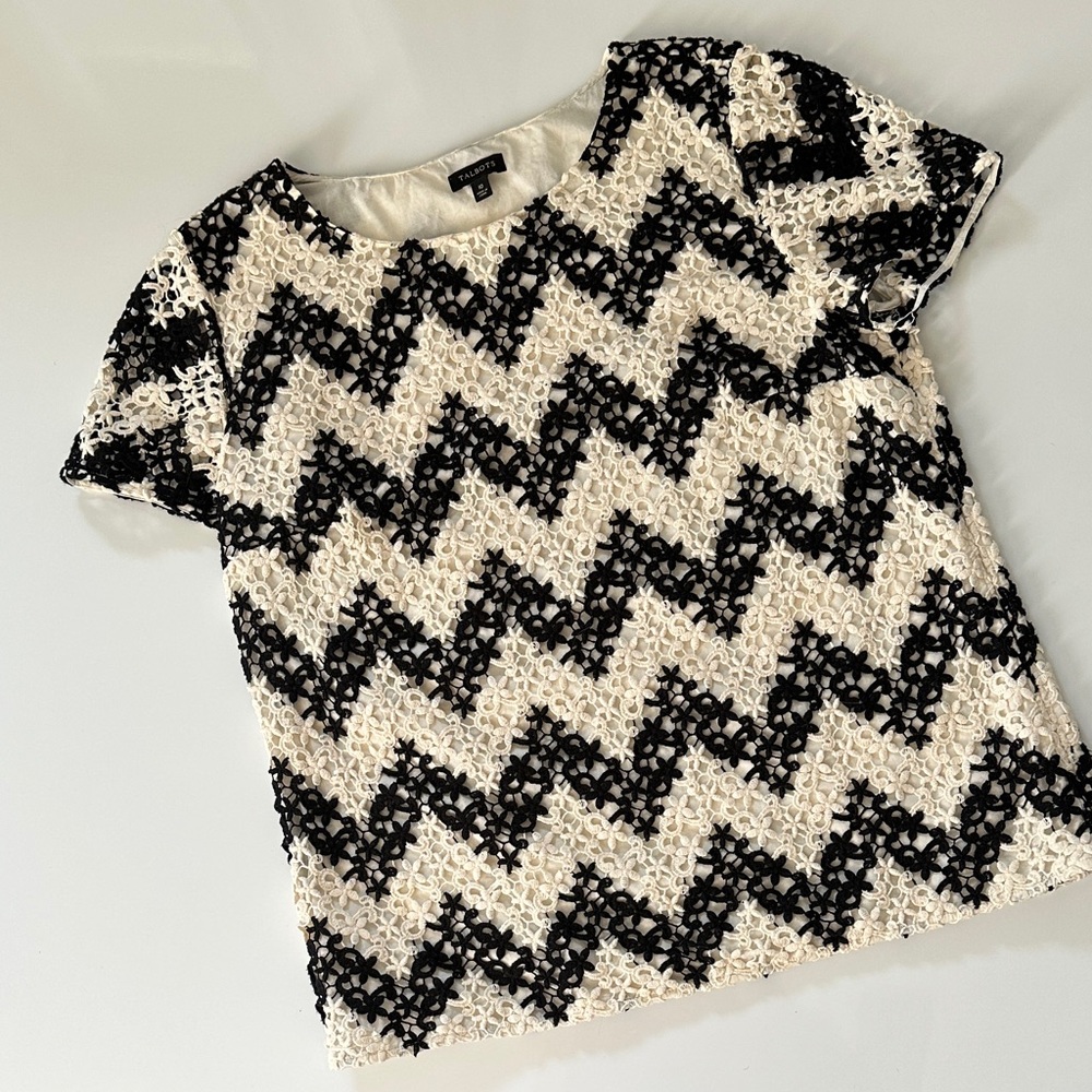 Talbots Black and White Zigzag Lace Top
